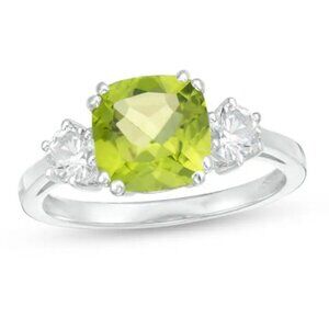 8.0mm Cushion-Cut Peridot, 4.0mm Lab-Created White Sapphire 3 Stone Ring Sz 7.5